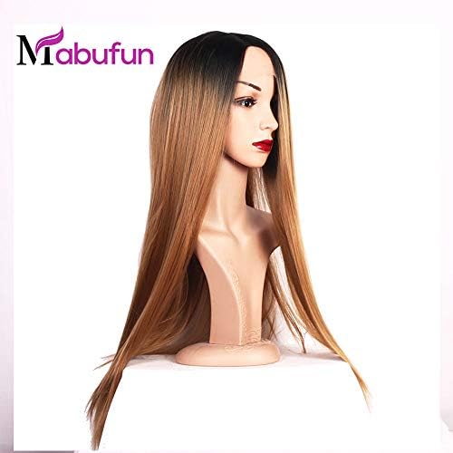 Mabufun Synthetic Bob Wigs Ombre Synthetic Lace Front Wig Long Natural Straight Blonde Color Hair Wigs For Women Party Cosplay Heat Resistant Fiber Hair Half Hand Tied 30Inch (Gold Brown(1B/27))