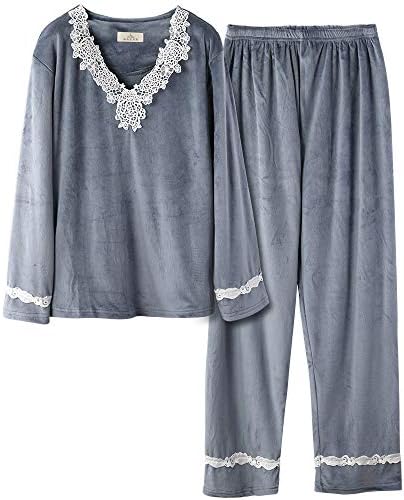 Women’s Pajamas, Room Wear, Top and Bottom Set, Velour Pajamas, Loungewear, Lace Included, Thick, Soft, Warm, Fluffy, For Autumn and Winter