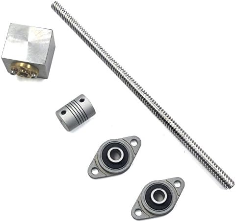 T8 Lead Screw Kit, Mergorun 400mm Length 8mm Dia Silver Vertical 8mm Lead Screw Rod &amp; Pillow Block Mounted Bearing KFL08 Flexible Shaft Coupling With Nut housing for 3D Printer Set of 6