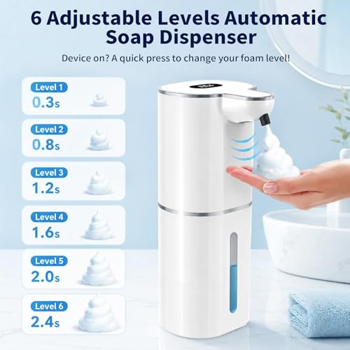 Kefflum Automatic Soap Dispenser, Electric Foam Dispenser with Digital Display, 6 Adjustable Levels, USB Rechargeable, Wall and Desktop, for Bathroom and Kitchen (380ml, White)