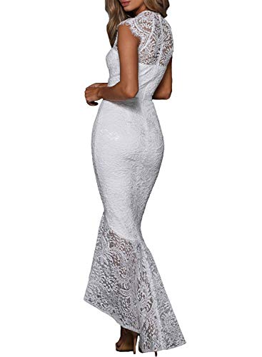 Elapsy Womens Sexy Short Sleeve Bardot Lace Embroidered Wedding Dress Fishtail Mermaid Maxi Long Gown White Small