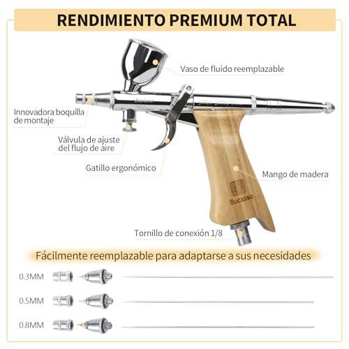 Bucasso Airbrush Kit, Air Gun with 0.3mm/0.5mm/0.8mm Needles/Nozzles, 3cc/7cc/11cc Replaceable Fluid Cup for Painting Mockups Nail Pastel Tattoo Makeup (W002-B)