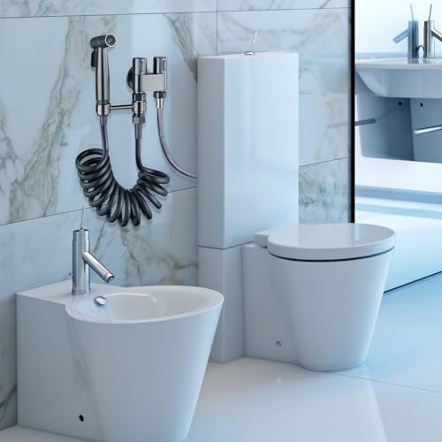 AMZYYDS Bidet Pulverizador, válvula control doble 2 en 1,manguera para wc | llave doble salida,manguera para baño 2M,para WC para limpieza inodoros, baño mascotas, Higiene Personal bidet manguera negro