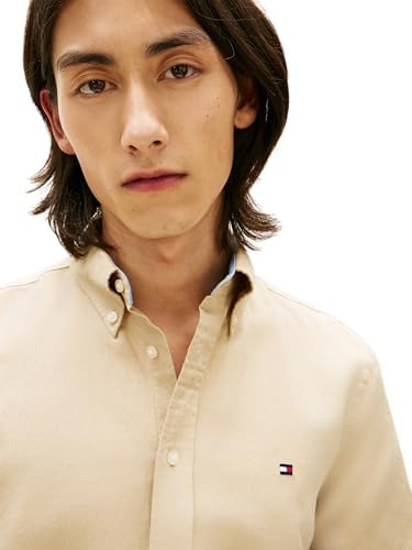 Uomo Camicia Linen Blend Solid Maniche Corte, Beige (Sandalwood), M