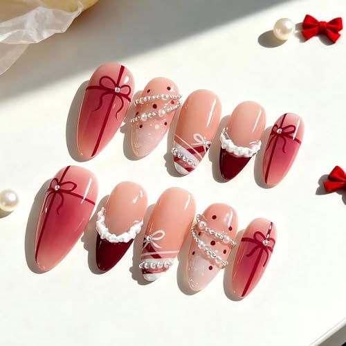 30Pcs Red French Tip Press on Nails Medium Almond Fake Nails Christmas Nail Press ons Cute Bow with Pearl Rhinestone Design Winter Xmas Acrylic Nails Reusable Christmas Glue on Nail for Women at Amazon