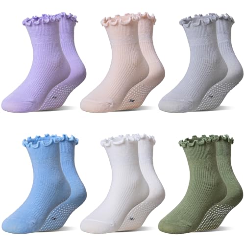 Eocom Toddler Ruffle Socks Baby Girls Non Slip Frilly Dress Cotton Grips Socks 6 Pairs(Multicolor Light, 6-12 Months) at Amazon