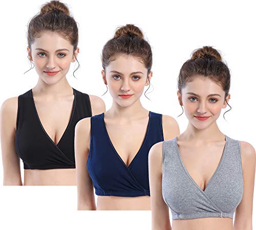 CAKEY Maternity Nursing Sleep Bra Tank for Breastfeeding/Pregnancy (Medium, Black+Navy+grey/3pcs)