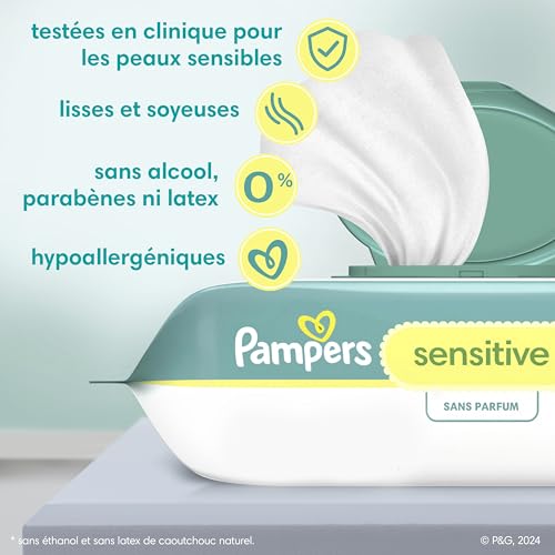 PAMPERS BABY WIPES, SENSITIVE, WATER BASED WIPE, CLINICALLY PROVEN, HYPOALLERGENIC, AND UNSCENTED FOR BABIES, 336 WIPES TOTAL (4 FLIP-TOP PACKS)