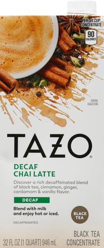 TAZO DECAF CHAI LATTE, BLACK TEA CONCENTRATE, EASY-TO-SERVE CHAI TEA FOR EVERYDAY LATTES, HOT OR ICED TEA AND MOCKTAILS, 32 OZ TEA MIX CARTON