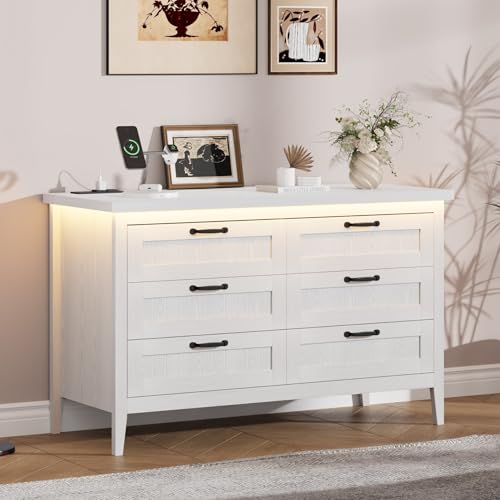 GarveeLife 6 Drawer Dresser with Charging Station & LED Lights, 47.3" Wide Wood…