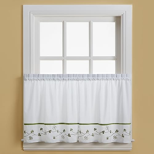 CHF Clover Embroidered Curtain Tier Pair, 29 x 36 in, Green White, 2-Piece