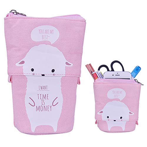 iSuperb Cartoon Telescopic Stand Up Pencil Case Pen Bag Cute Animal Office Student Stationery Bag Cosmetic Organizer Pouch (White Sheep)