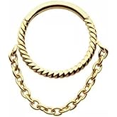 Pierced Owl 16GA 316L Stainless Steel Twisted Design Front Facing Hoop with Dangling Chain Hinged Segment Ring