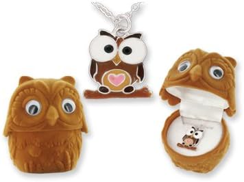 DMM001 Childrens Girls Necklace. Unique and Fun Animal Pendants in The Most Adorable Velour Boxes! Handpainted Enamel Owl Pendant with Sterling Silver Finish. Comes in Charming Hinged Velour Owl Box.