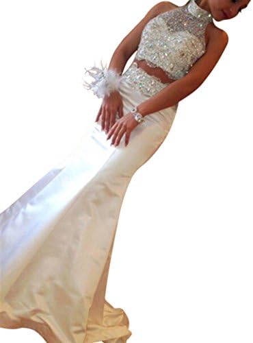 ScelleBridal Sexy Backless Halter Crystal Beaded Two Piece Mermaid Prom Dresses