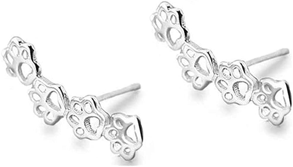 S925 Sterling Silver Puppy Dog Cat Pet Paw Print Cuff Stud Earrings for Women Teen Girls Pierced Ears Climber Crawler 14K White Gold Plated Cute Dainty Kitten Animal Footprint Hypoallergenic Jewelry