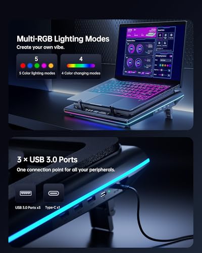 llano V12 Ultra Laptop Cooler with Intelligent Software Control, RGB Fan Support for Gaming Laptop, 5.5 Inch Turbo Fan, 3*USB 3.0, for 15.6 to 19 inch Laptop