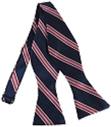 Men's or Boy's Navy Blue, Red and Silver Narrow Striped Woven Self Tie Bow Tie. Material:100% Polyester. Dimensions:2.5" X 4.75" X 16 - 21" (Adjustable).