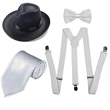 ZeroShop 1920s Mens Costume Accessory Set - Manhattan Fedora Hat, Suspenders Y-Back Elastic Trouser Braces,Pre Tied Bow Tie,Gangster Tie (Onesize, White)