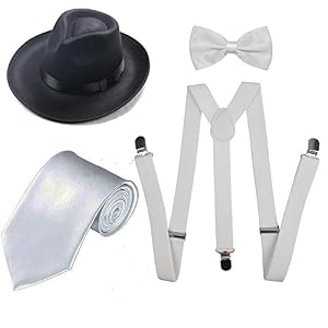 ZeroShop 1920s Mens Costume Accessory Set - Manhattan Fedora Hat, Suspenders Y-Back Elastic Trouser Braces,Pre Tied Bow Tie,Gangster Tie (Onesize, White)