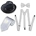 Men's Roaring 1920s Set Manhattan Fedora Hat,Y-Back Suspenders & Pre Tied Bow Tie, Gangster Tie & Fake Mustache (OneSize, Z-White)