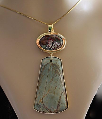 14K Demontoid Garnet Pendant with Plume Agate and Succor Creek Jasper, Appraisal Included