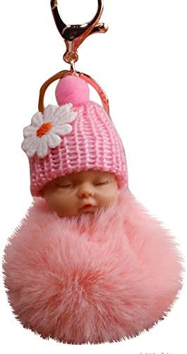 FEDULK Cute Fur Fluffy PomPom Sleeping Baby Doll Key Chains Keyrings Charm Novelty Pendant