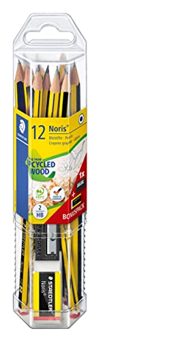 61 120P2 Noris Edición Limitada Feliz Aniversario - Tubo hexagonal transparente con 12 lápices de grafito Noris HB de Grafito, 1 Goma de borrar Noris + GRATIS 1 Afilalápices