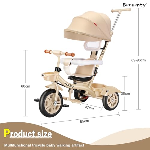 Beauenty Kids Tricycle with Push Handle, 4 in 1 Multifunctional Kids Tricycle Stroller Baby Tricycle with Removable Canopy Rotatable Seat Wheel for 6 Months-6 Years Boy&Girl (Champagne)