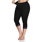 Kotii Women's Plus Size Lace Trim Capri Leggings Stretch Crop Leggings Summer Tights Pants