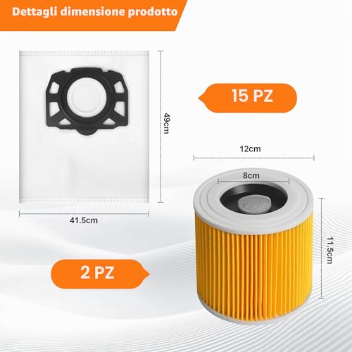15 Pieces for Kärcher KFI 357 Vacuum Cleaner Bags +2 Filters +2 Filter Brushes Replacement for Kärcher WD2 Plus, WD2, WD3, SE4002, SE4001 KWD1-3 WD3.200, 2.863-314.0