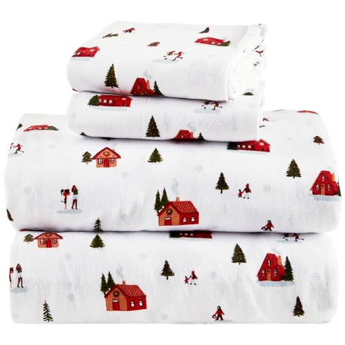 Comfort Spaces 100% Cotton Flannel Sheets Twin, Ultra Soft Cozy Flannel Sheet Set with 12 Elastic Pocket Fits up to 14 Mattress, Novelty Print Themed Warm Flannel Bedding, Christmas Village 3 Piece