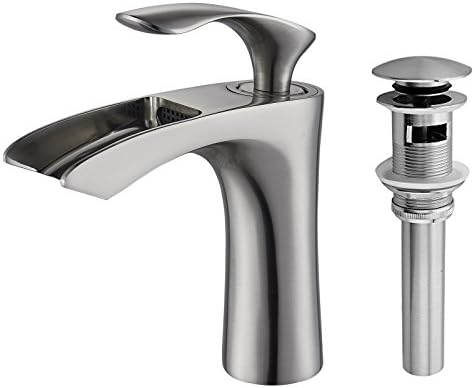 Senlesen Nickel Brushed Single Hole Lever Bathroom Waterfall Spout Vessel Sink Faucet Matching Pop Up Drain With Overflow