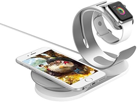 MQOUNY Wireless Charger &amp; Apple Watch Charging Stand,2 in 1 Aluminum Charging Docks for Apple Watch Series 3&amp;2&amp;1/iPhone/Fast Charging for Samsung all Qi Enabled (Silver)