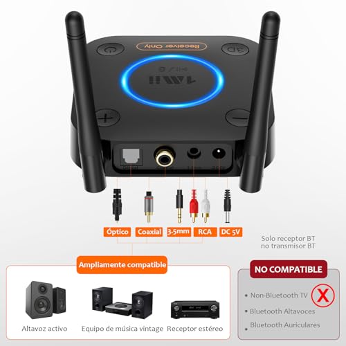 1Mii Bluetooth 5.3 HiFi Receiver, Bluetooth Audio Adapter Volume Control, Optical AUX Output 3.5mm, Coaxial, 3D Surround with aptX LL Low Latency for Speakers, Home Stereo, Long Range