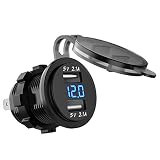 LiDiVi Waterproof Dual USB Charger Socket Power Outlet 2.1A & 2.1A with Digital Voltmeter Blue LED Light for iPad iPhone Car Boat Marine Mobile