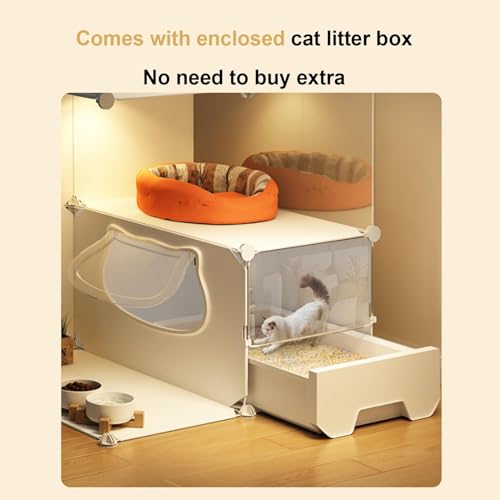 CENXI Cat Cage, Cat home, Premium Indoor Cat Cage with Litter Box, Easy Assembly HD Clear Fence And Sturdy Metal Grid, Keep Your Kitten Safe at Night