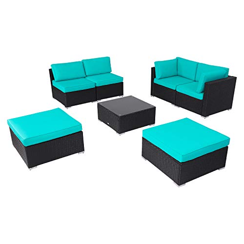 Peach Tree 7 PCs Outdoor Patio PE Rattan Wicker Sectional Sofa Furniture Set with 2 Pillows and Tea Table