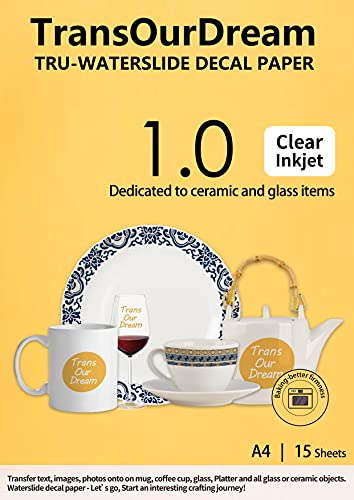 TransOurDream Premium Waterslide Decal Paper Inkjet 15 Sheets A4 forTransparent or Clear Ceramic/Glass Mugs, Plates. Easy to Use, Bright Colors, No Breaking, Realize Your Creativity（Trans-016-15）