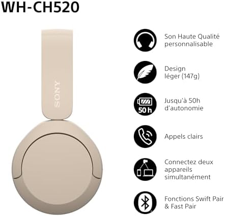 WH-CH520 - Casque Bluetooth sans Fil, Multipoint, Micro intégré - jusqu'à 50 Heures d'autonomie et Charge Rapide - Beige