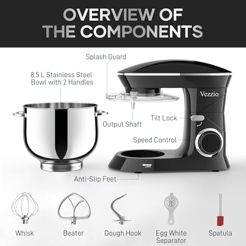 Vezzio 8.5L Professional Pastry Mixer 1500 W 6 Speeds Kitchen Robot Mixer Multifunction Low Noise Stainless Steel Bowl, Kneader, Whisk and Rods (Black)