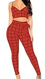 Apparel Domple Women's Two Pieces Spaghetti Strap Plaid Belted Party Tracksuit Outfit Set Red L Book