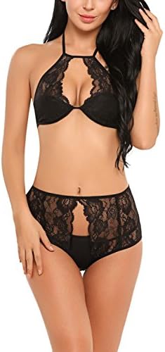DOZNELA Women's Sexy Lingerie Set Halter 2 Piece Lace Bra and buttless Panties Panty Set