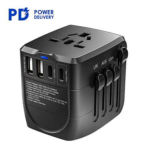 Travel Adapter, 2400W International Power Adapter,1 Type-C PD 3.0 & 1 Smart Type-C & 2 USB All in One Power Plug Adapter for High Power Appliances for UK, EU, AU, US, Over 200 Countries (Black) - Thumbnail 7