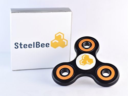 SteelBee Fidget Spinner Toy for Adult &amp; Children, Non-3D Printed Black Frame, Orange Bearings, High Ceramic Bearing, 2 CAPS UPGRADED