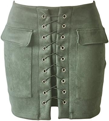 Ajclub Women's Sexy Vintage Lace Up High Waist Bodycon Faux Suede Mini Skirt (M, Army Green)