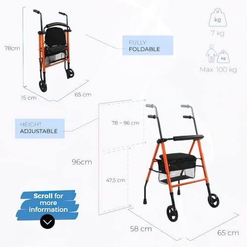, Andador Plegable, Ligero, Nerón, con Asiento y Respaldo, 2 ruedas, Conteras Antideslizantes, Máx. 100 Kg, Cesta, Acero, Naranja