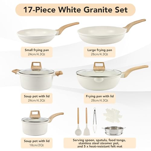 Nonstick Ceramic Cookware Set 17-Piece, Healthy Pots and Pans Set, Nonstick Pots and Pans Set, Induction Cookware Cooking Set with Frying Pans, Saucepans, Saute Pan, Steamer