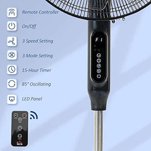 HOMCOM 16-Inch Pedestal Fan, Standing Fan with Adjustable Height, 3 Speeds, 85° Oscillation, LED Control Panel, Remote, 15H Timer for Living Room Bedroom Office, Black