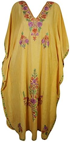 Mogul Interior Womens Kaftan Floral Embroidery Resort Wear Cotton Caftan Evening Dresses OneSize